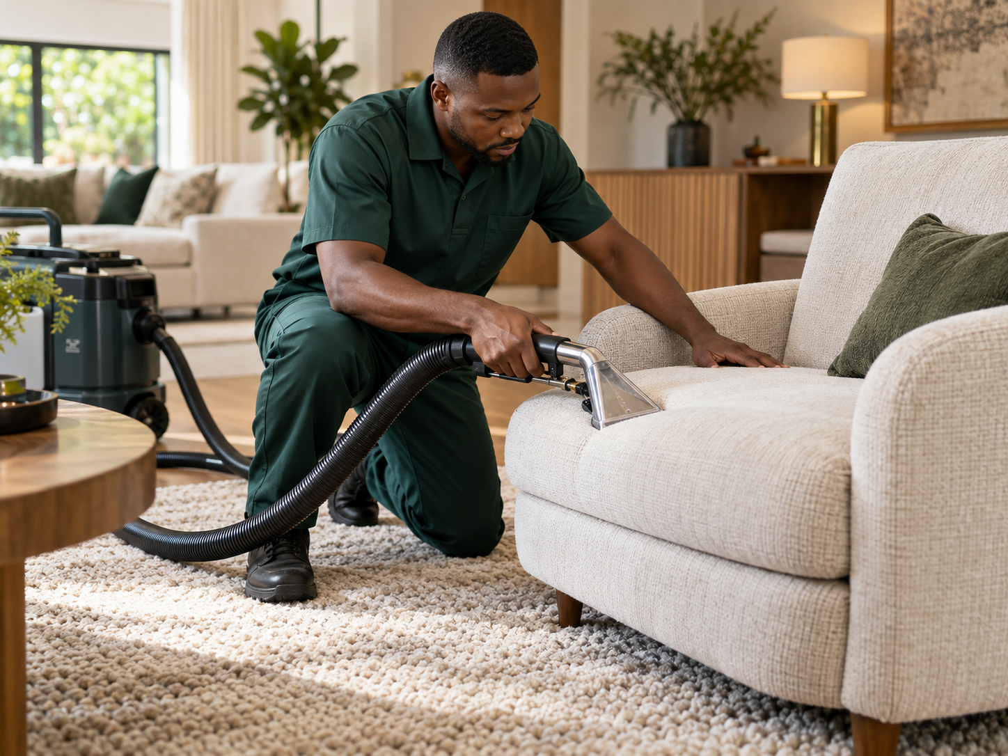 Black cleaning professional deep-cleaning an upholstered chair